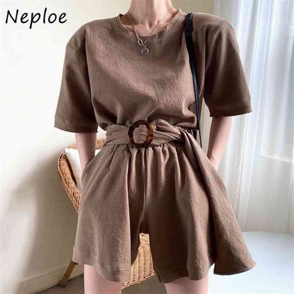 Work Style Ol 2 Pcs Women Set O Neck Short Sleeve Loose Top + High Waist Hip Sashes Shorts Summer Suit 210422Z