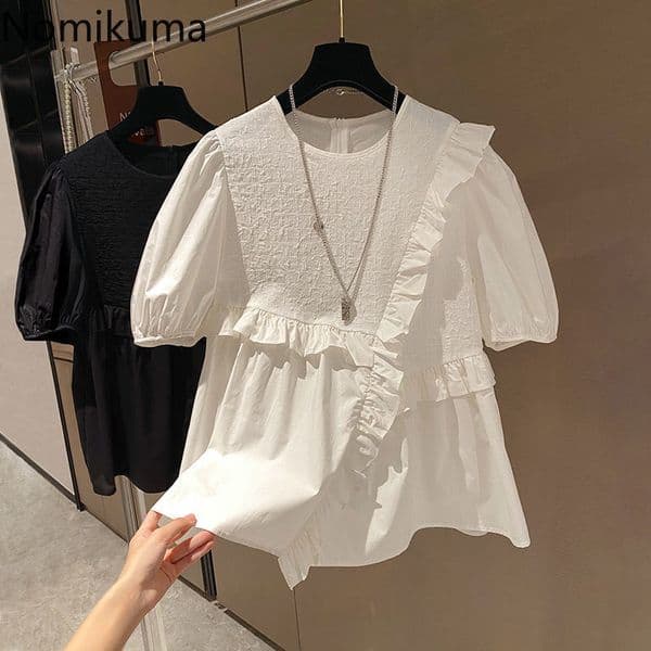 Nomikuma New Women Doll Shirt Korean Ruffle Patchwork Sweet Blouse Causal Puff Short Sleeve O-neck Blusas Feminimos 6H275 210427