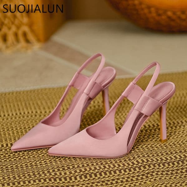 SUOJIALUN Spring Women Slingback Sandals Pointed Toe Slip On Thin High Heel Ladies Elegant Pumps Shoes Drss Sanda 220613