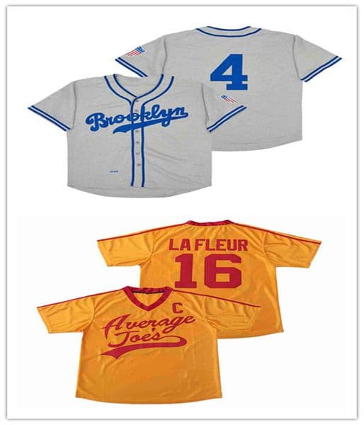 Men 1945 Babe Herman #4 Brooklyn Retro Baseball Jerseys Stitched Grey Yellow Pete LaFleur 16 Average Joe's Dodgeball Jersey