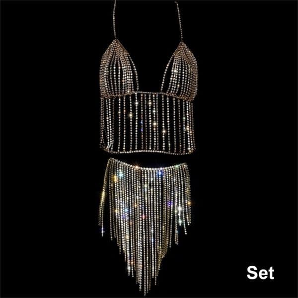 Stonefans Sexy Chain Lingerie for Women Bling Crystal Tassel Body Chain Bikini Bra Jewelry Waist Chain T200508