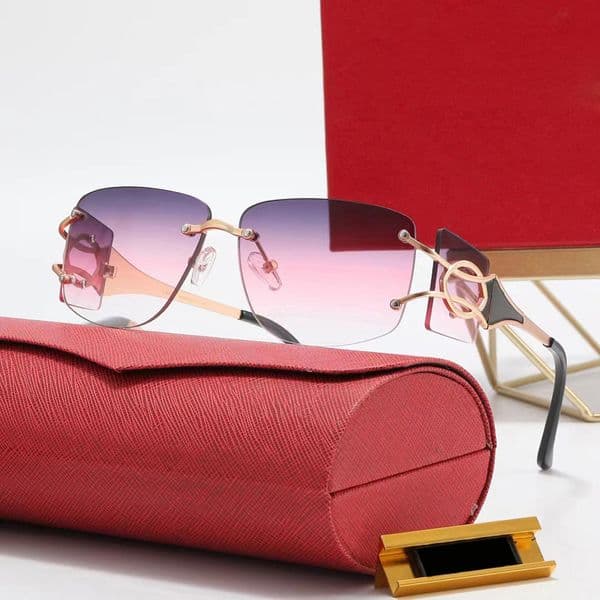 Designer Trend Rimless Sunglasses for Women Unique Double Gold Metal Frame Gradient Black Blue Square Lens Fashion Female Eyewear Mens Eye Glasses Gifts Box
