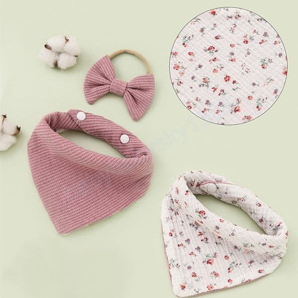 2Pcs Solid Color Baby Girl Headbands Bibs Set Cute Bows Elastic Nylon Toddler Headband Soft Cotton Newborn Feeding Bibs Accessories
