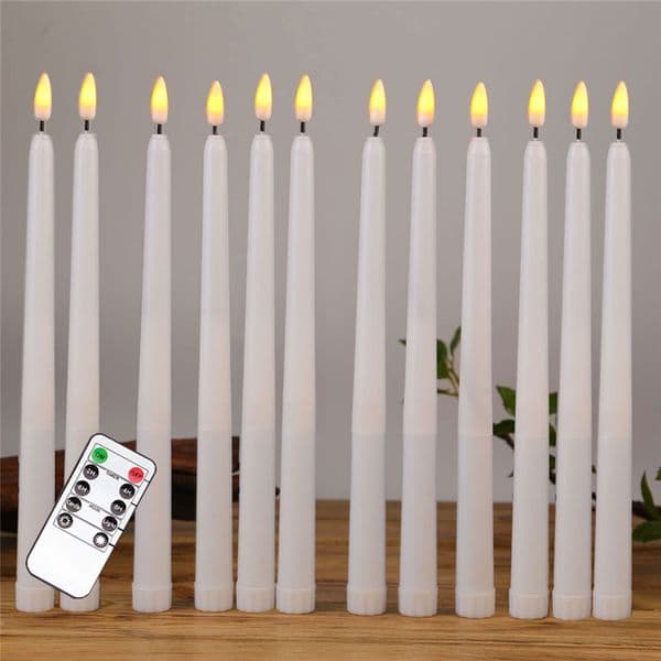 Pack of 12 Warm White Remote Flameless LED Taper Candles ,Realistic Plastic 11 inch Long Ivory White Battery Operated Candlestic