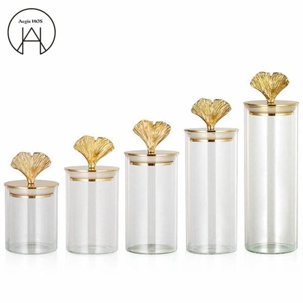 brass ginkgo leaf Glass Jar Candy jar transparent coffee bean candy cans block sealed jar Tea Storage bottle bonbonniere bocal T200506