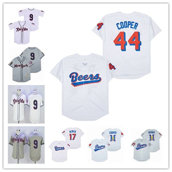 Men Movie Baseball Jerseys Milwaukee Beers 17 Doug Remer 44 Joe COOP Cooper Stitched Grey White New NY York Knights 9 Roy Hobbs Jersey Size S-XXXL