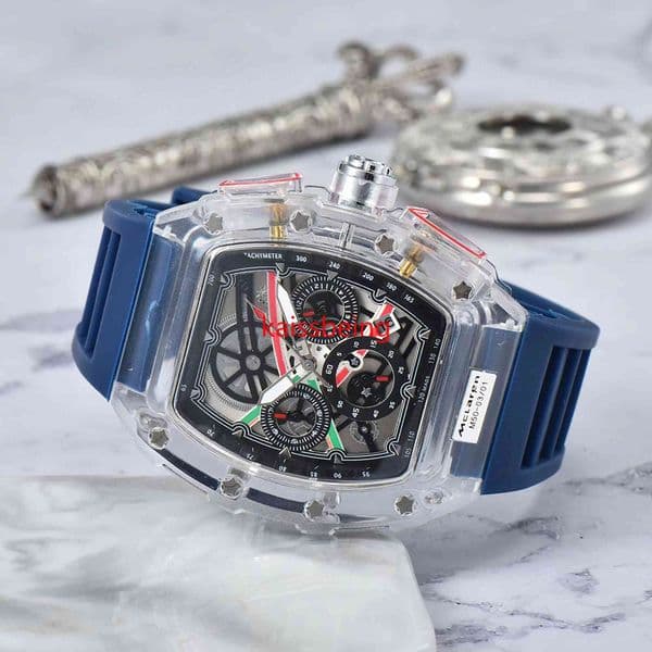 Famous Mens Watch Luxury Designer Sport Watches Fashion Transparent case 44mm Chronograph Wristwatches Silicone Strap Quartz Men Clock