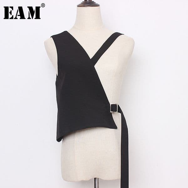 EAM Women Loose Fit Balck Asymmetrical Bandage Vest Vcollar Sleeveless Fashion Spring Autumn 19Aa483 201031