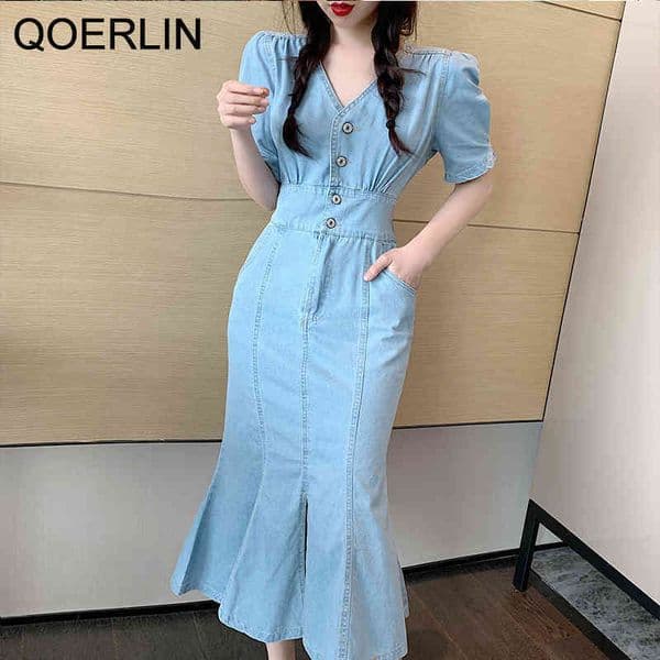 QOERLIN Vintage Jeans Trumpet Dress Women Streetwear VNeck Button Down Mermaid Dress Plus Size Side Pocket Split Denim Vestidos 210412