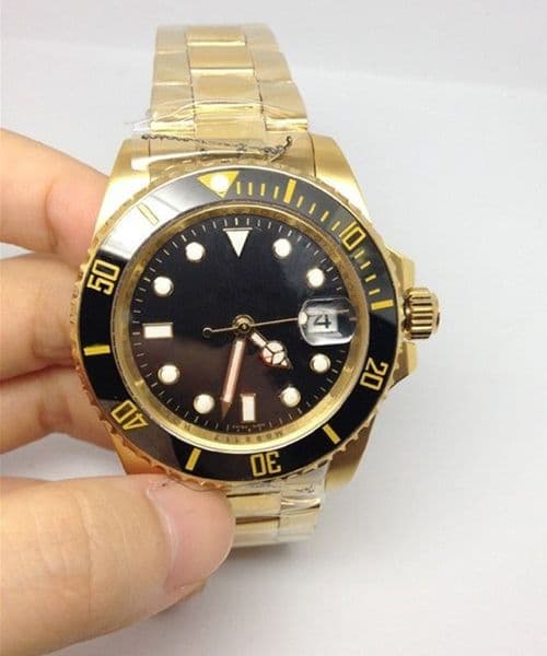 Stainless Steel Classic Men's Wristwatch - Automatic Movement, 18k Yellow Gold Black Face Sapphire Glass 246