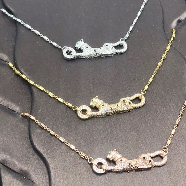 Europe America Fashion Style Women Lady Brass 18K Plated Gold Necklace With Full Diamond Leopard Panther Pendant 3 Color