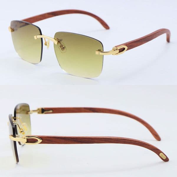 Wholesale Wooden With Metal High Quality Wood Rimless Sunglasses Light Color UV400 Lens Driving Fashion Designer 18K Gold Metal C Decoration Man Woman Sun Glasses