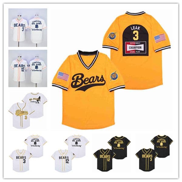 Men The Bad News Bears 12 Tanner Boyle 3 Kelly Leak Jersey 1976 Chico's Bail Bonds Movie Baseball Jerseys White Black Yellow Size S-XXXL