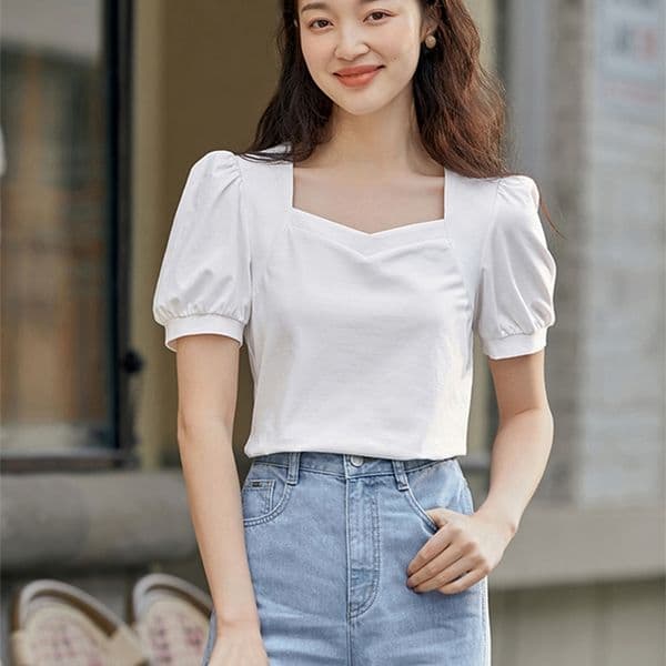 INMAN Womens Tshirt Elegant Fashion Woman Blouses Square Collar Clothes Short Puff Sleeve Pure Color Top Women 220527