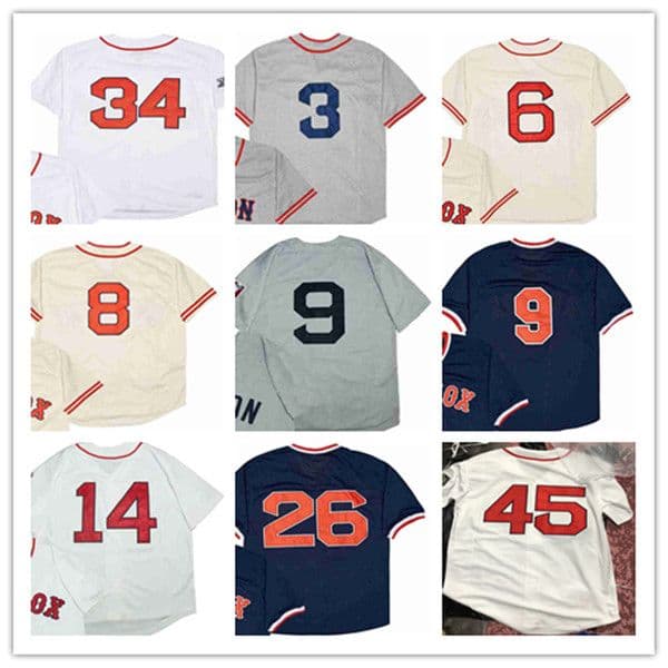 Man Retire Boston Retro Vintage Baseball Jersey 9 TED WILLIAMS 6 BILL BUCKNER 8 CARL YASTRZEMSKI 34 DAVID ORTIZ 14 JIM RICE 3 JIMMIE FOXX 45 PEDRO MARTINEZ 26 WADE BOGGS
