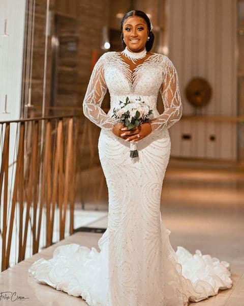 Dresses Style: Plus Size Beaded Mermaid Wedding Gown with High Neck and Long Sleeves for