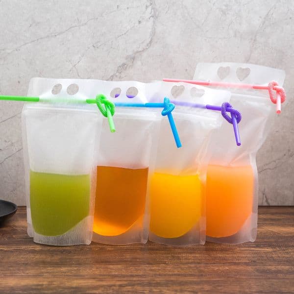 clear water liquid food beverage packaging disposable plastic juice drink pouches bags with straw hole