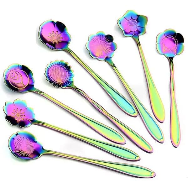 Rainbow Color Coffee Tea Stir Flower Spoon Ice Cream Dessert Teaspoon Spoons Cocktail Stirring Spoon Stainless Steel Tableware Kitchen Bar Cafe Accessories PRO232