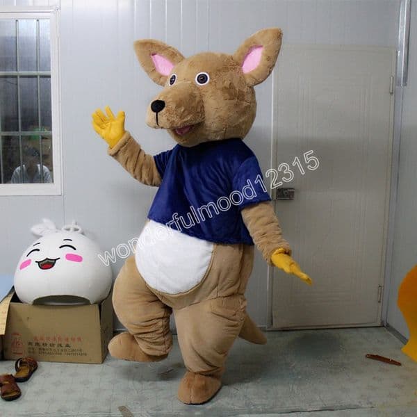 blue t-shirt kangaroo Mascot Costumes High quality Cartoon Character Outfit Suit Halloween Outdoor Theme Party Adults Unisex Dress