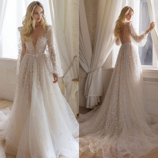 Beaded Boho Wedding Dress: Sparkly V Neck Bridal Gown with Long Sleeves