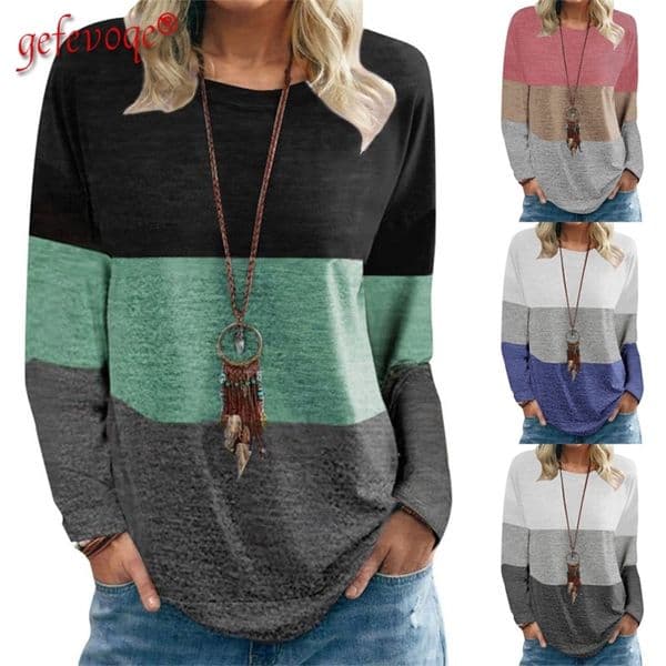 Autumn Harajuku Patchwork Women T-shirt Vintage Loose Casual Tops Round Neck Long Sleeve Tee Shirt Streetwear Aesthetic Tshirt 220321