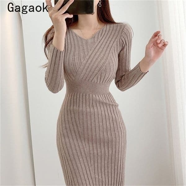 Gagaok Knitted Dresses Women Spring Autumn V-Neck Sheath Office Lady Solid Midi Dress Korean Chic Simple Vestidos 220406