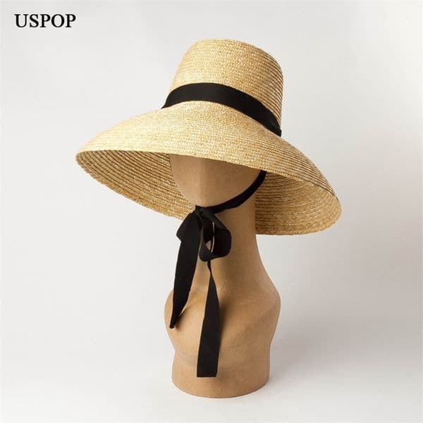 USPOP summer for women natural wheat straw high flat top long ribbon laceup sun wide brim beach hats 220607