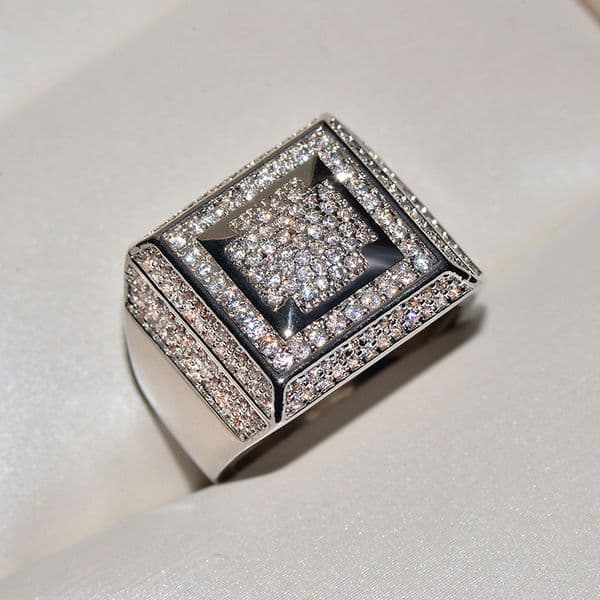Mens Luxury Stunning Handmade Band Rings Fashion Jewelry 925 Sterling Silver Popular Round Cut White Topaz CZ Diamond Full Gemstones Hip Hop Men Wedding Ring