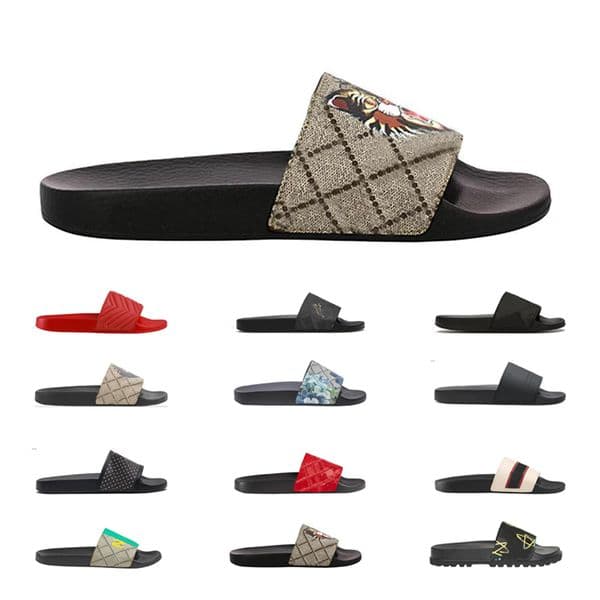 New men women slippers black Floral flats slides Classic leather rubber Platform Flip Flops anti-slip Bottoms outdoor Beach Sandals Loafers