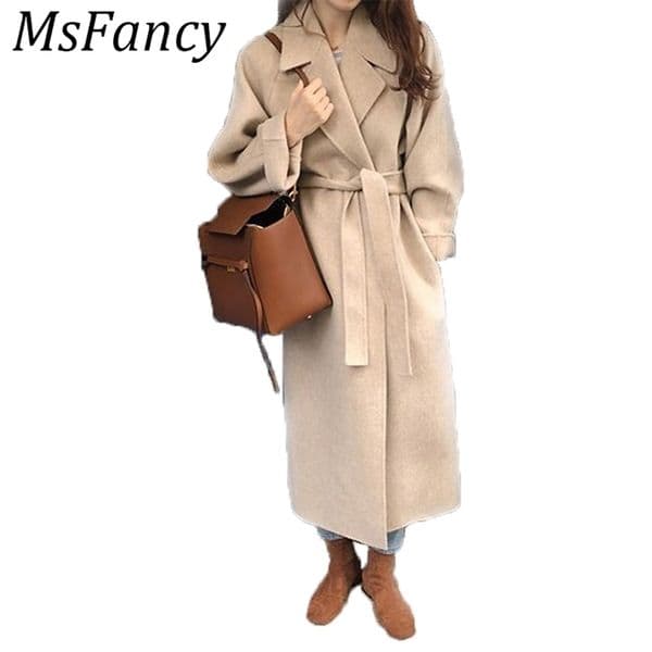 Winter Fashion Coats Women Woolblend Coat Lazy Oaf Long Chunky Warm Coat Western Style Fitted Waist Laceup Loose Coat T200212