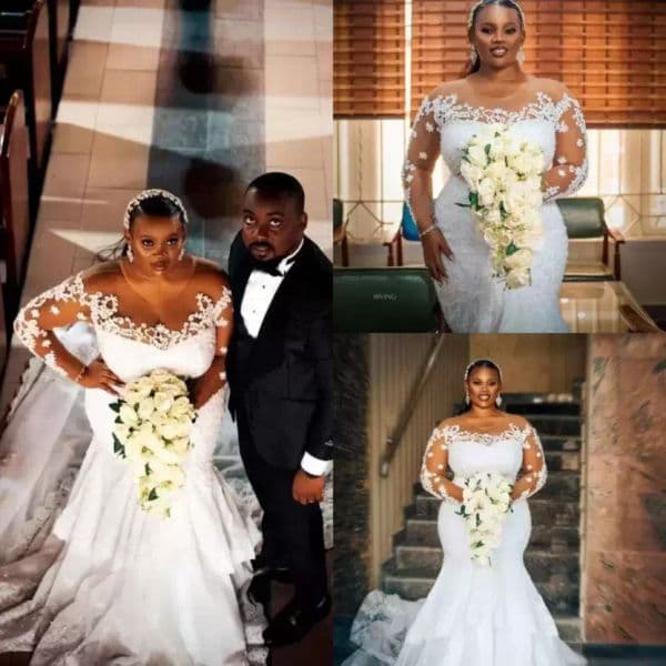 Long Sleeves Mermaid Dresses With Chapel Train Scoop Neck Lace Applique Beaded Plus Size Wedding Bridal Gown Vestidos Designer 403
