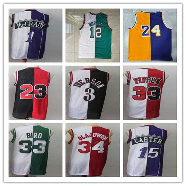 Men Vintage Basketball Split Jersey Two Colors Ja Morant Mamba Allen Iverson Vince Carter Pippen Hakeem Olajuwon Larry Tracy McGrady Sticthed Red Black White