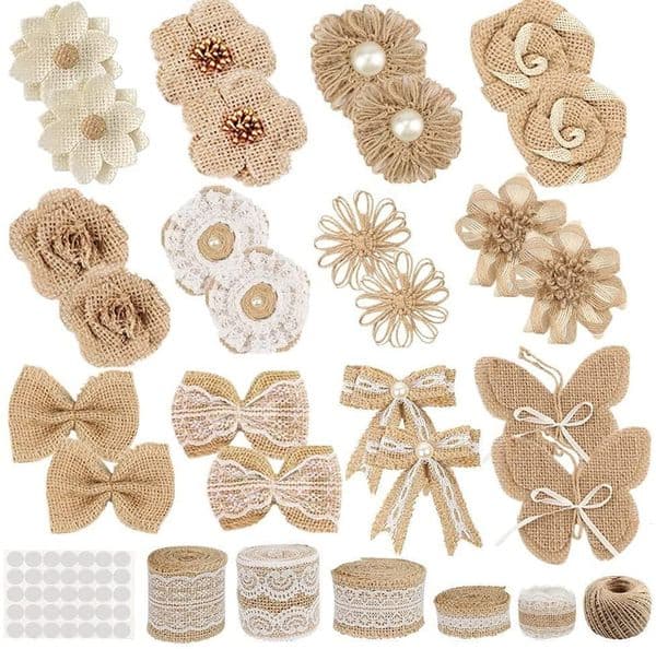 30 PCS Burlap Flower Set,with 24 Handmade Flowers and Bow, 5 Burlap Lace Ribbon Rolls,1 Twine