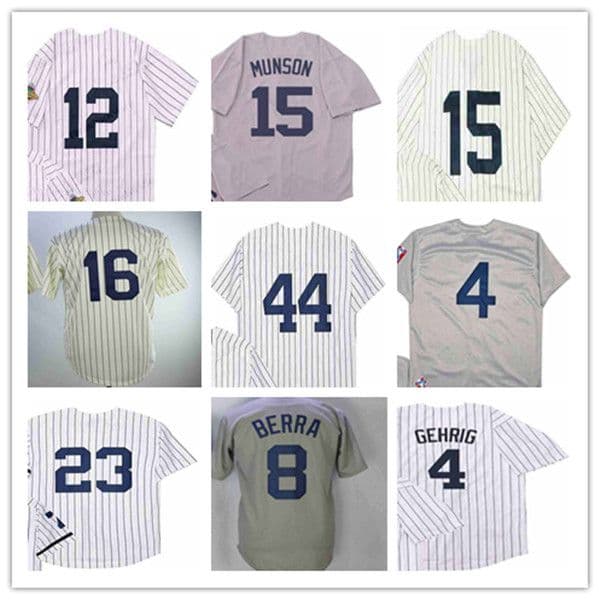 Man Retire Retro New NY York Vintage Baseball Jersey 4 Lou Gehrig 8 Yogi Berra 23 Don Mattingly 15 THURMAN MUNSON 44 REGGIE JACKSON 16 WHITEY FORD 12 RON BLOMBERG