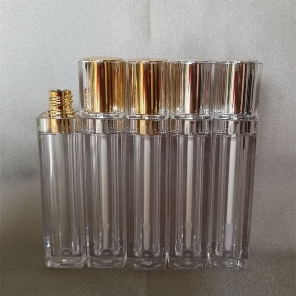 8ml square shape transparent lip gloss/color cream tube lip balm tube or lip stick with gold/silver top plastic stopper inside T200819