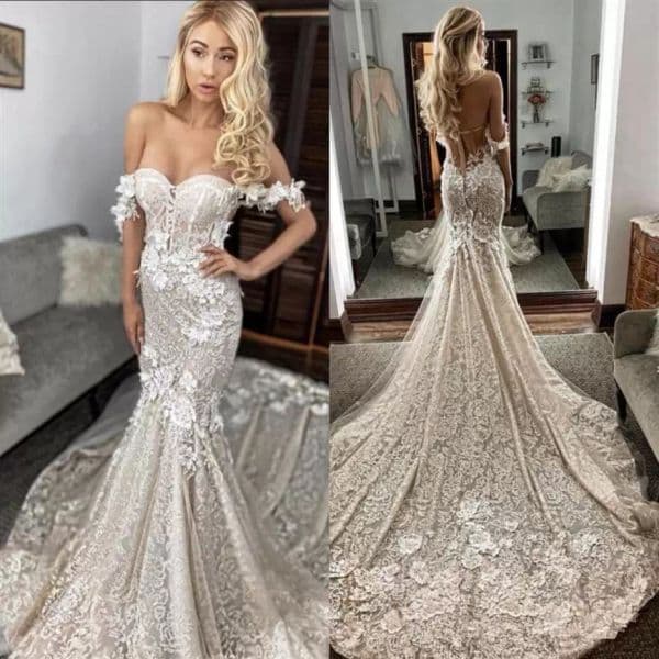 Gorgeous Lace Mermaid Wedding Dresses Bridal Gown Off The Shoulder Straps Sweep Train Illusion Back Custom Made Plus Size Beach Country Vestido De Novia