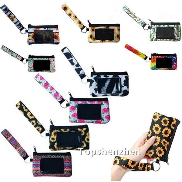 Mini Wallet Sunflower Leopard Flower Printed Neoprene Credit Card Holder Clutch Coin MultiFunction PVC Zipper Wristlet Pouch Bags With Lanyard Keychain
