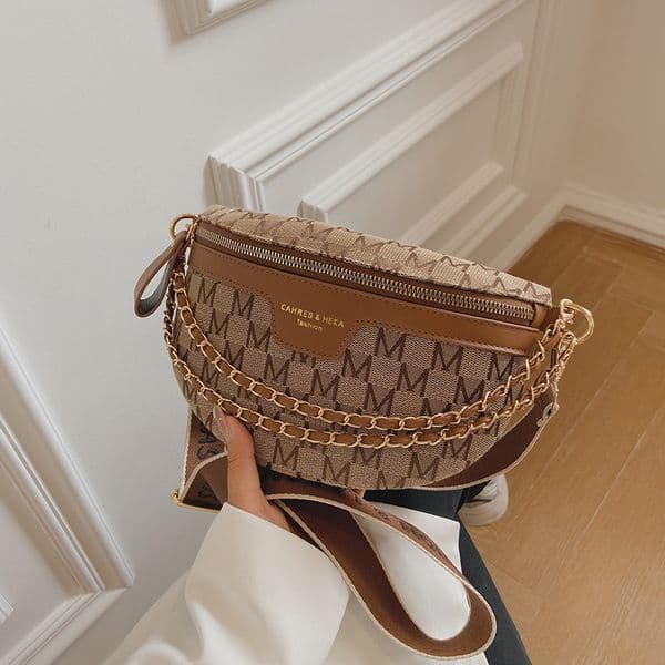 Printed Letter Plaid Pattern Fanny Packs For Women Fashionable Chain Waist Bag Female Waist Pack Ladies Wide Strap Crossbody Bag