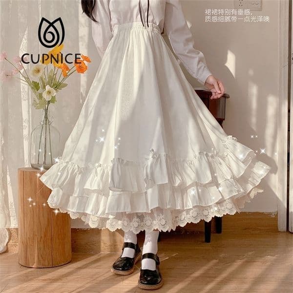 CUPNICE Japanese Solid Color Double Layer Vintage French Ruffled A-line Skirt Hepburn Style Black Half Female Long 220317