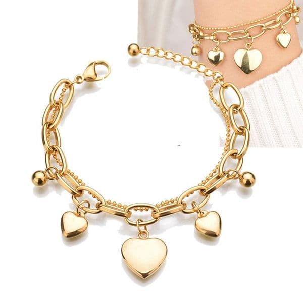 18K Gold Plated Double Layered Heart Charm Bracelet Stainless Steel Jewelry for Women Gift