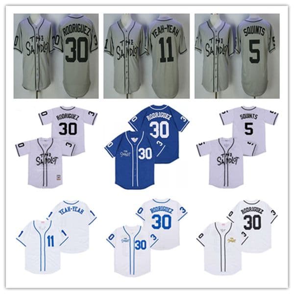 Men's The Sandlot Benny Movie Baseball Jersey 30 The Jet Rodriguez 5 Michael Squints Palledorous 11 Alan Yeah-Yeah McClennan Stitched Grey White Blue