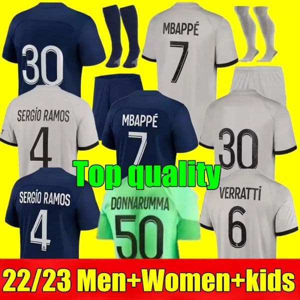 Top New Mbappe Soccer Jersey Sergio Ramos 22 23 Maillots De Football 2022 2023 Verratti Adult Men Kids Kit Women Icardi Shirt Uniforms
