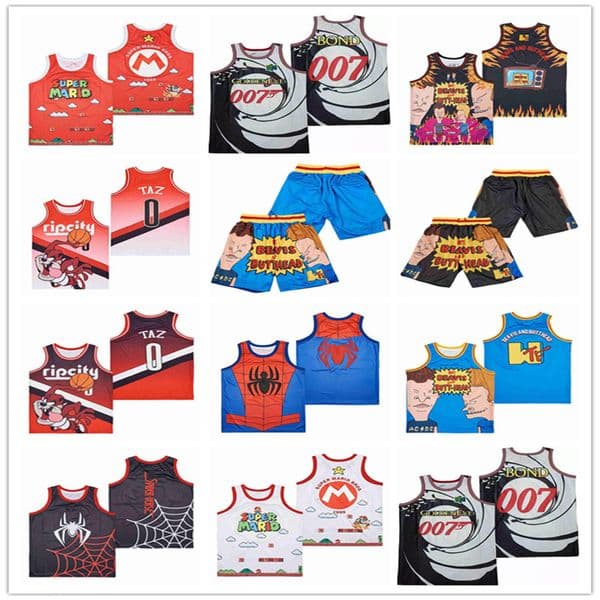 Movie Film Basketball The House Down Beavis and Butt-Head Jerseys HipHop RIPCITY #0 TAZ SPIDERMAN INTO THE SPIDER VERSE SUPER MARIO BROS JAMES BOND golden eye 007 Jersey