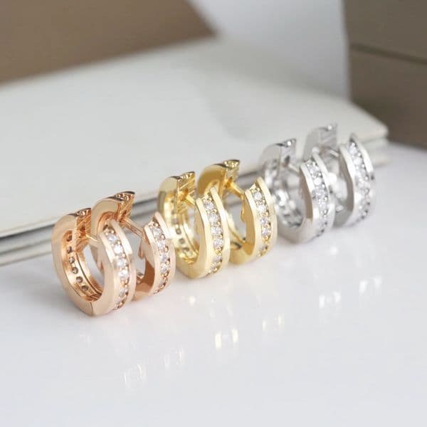 Europe America Fashion Style Lady Women Stainless Steel 18K Gold Engraved B Initials Settings Diamond Small Hoop Earrings 1Pairs