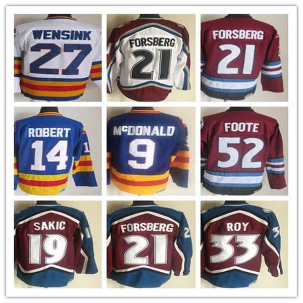 Men Vintage Colorado Hockey Jerseys 52 Adam Foote 21 Peter Forsberg 9 Paul 19 Joe Sakic 33 Patrick Roy 1 Chico Resch 14 Rene Robert 9 Lanny McDonald Stitched Maroon