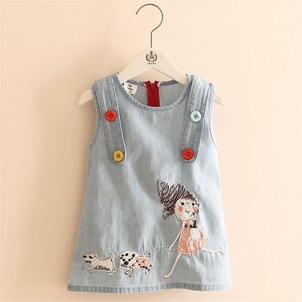 Summer Fashion Little Girl Embroidery Cartoon Dog Tank Vest Dresses With Buttons O-Neck Baby Girls Kids Denim Dress 220422