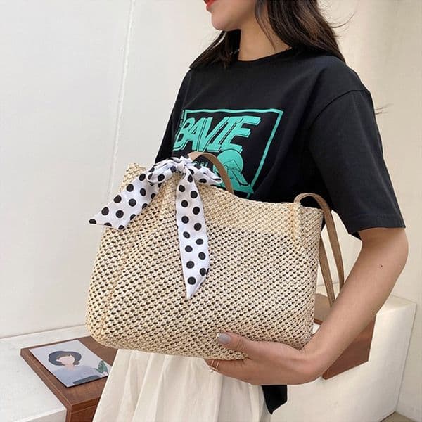 Myyshop Summer Fashion Straw Leisure Women's Bags with Silk Scarf Bow One Shoulder Slung Bucket Bag 2Colors Khaki/Beige PB0012