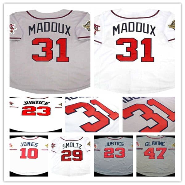 1995 Retro WS Baseball Jerseys Chipper Jones Hank Aaron John David Justice Tom Glavine Smoltz Bobby Cox Javy Lopez John Rocker Maddux STEVE AVERY FRED McGRIFF 4XL