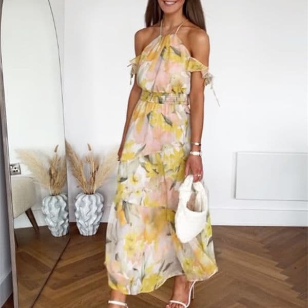 Yellow Floral Print Halter Chiffon Ruffles Dress Elegant Cold Shoulder Long Dress Gold Spring Boho Beach Dress Outfit 220516