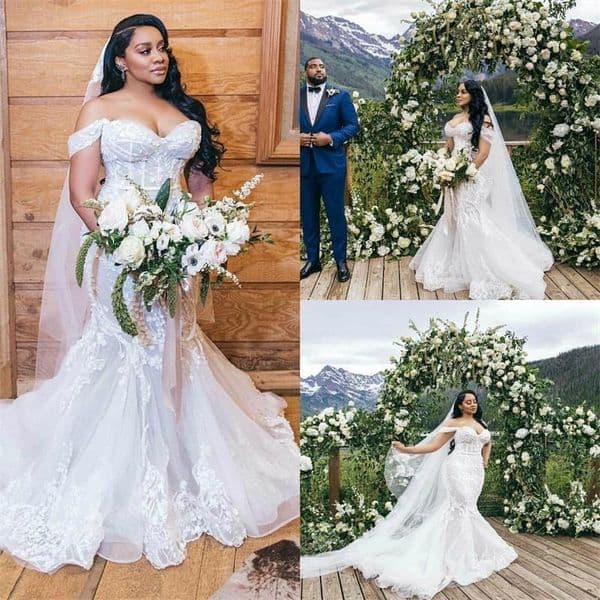 Elegant Off The Shoulder Lace Mermaid Wedding Dresses Organza Lace Applique Bride Dress Chapel Train Boho Counrty Bridal Gowns BC12808